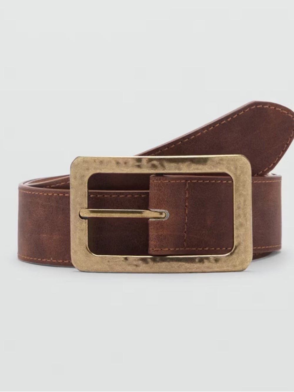 Mango Cognac Leather Belt with Brass Buckle TEXTURED SQUARE BUCKLE BELT 1289